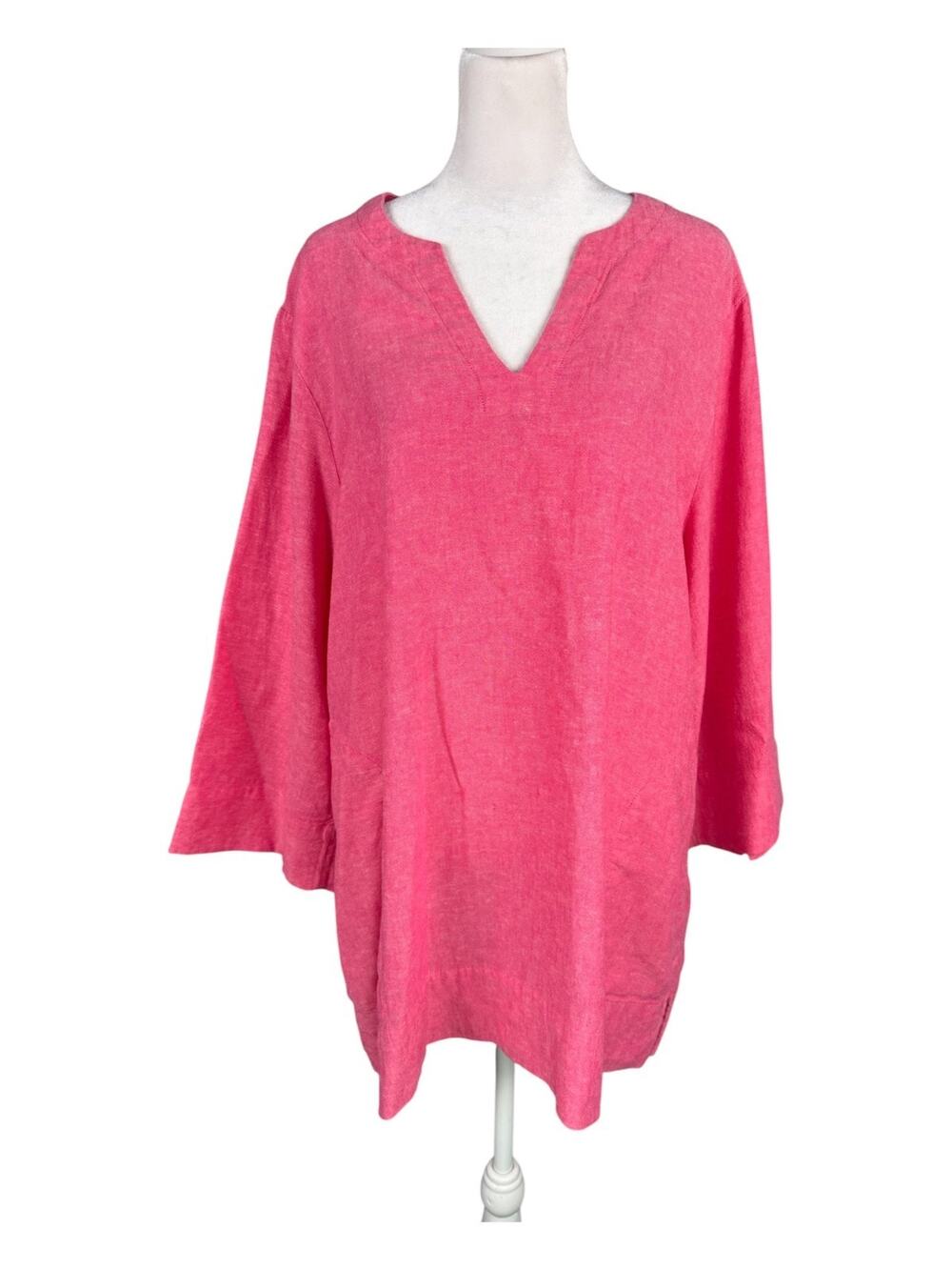 Lands End Women's L Linen Blend Popover Top Tunic Pink V-Neck Pockets Coastal